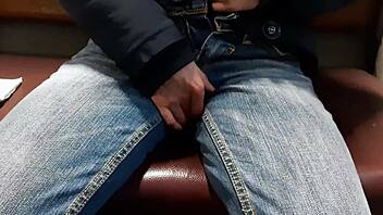 Skinny Brunette Masturbates Riskily on Public Train to Cum