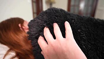 Daddy's pounding one redhead when another walks in for threesome fun