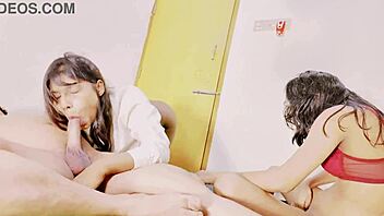 Brunette Sexy Threesome with Deepthroat Doggystyle and Cumshots