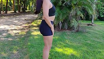 i flash my wet pussy in leggings at park flashing cute brazilian milf athletic curvy public forest workout spitting on cock tattoo tight shorts sneakers!