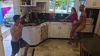 wife fucks husband's friends in kitchen while he cleans pool