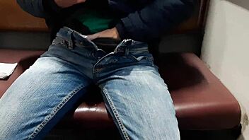 Skinny Brunette Masturbates Riskily on Public Train to Cum