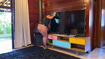 Hey, wanna see this sexy brazilian bbw maid's fat hairy pussy through see-through panties?