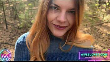 redhead milf wife blows him deep in forest outdoors