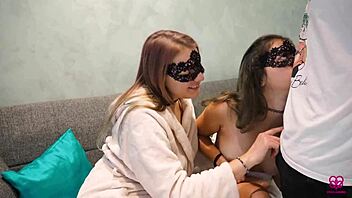 two sexy milf wives give me sloppy double blowjob cum swallow pov