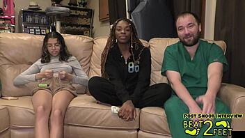 Petite Brunette Giggles Sucks Sandy Beach Toes Dirty