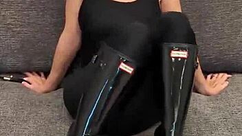 Black Bodysuit Hugs Ass in Shiny Hunter Boots