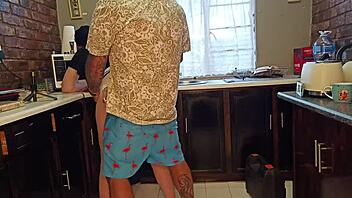 getting all hot n horny in da kitchen wit my curvy milf playin handjobs on big tits