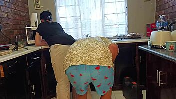 getting all hot n horny in da kitchen wit my curvy milf playin handjobs on big tits