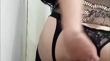 sexy colombian shemale plugs ass masturbates and explodes in pantyhose