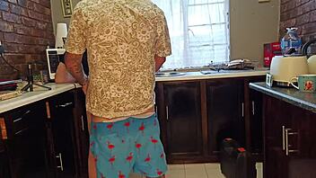 getting all hot n horny in da kitchen wit my curvy milf playin handjobs on big tits