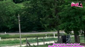 german housewife swallows cock outdoors by the car