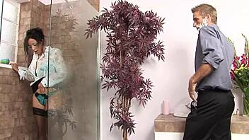 romana moans wildly fucked shaved pussy in steamy shower