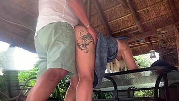 Hot blonde upskirt creampie fuck with pierced pussy outdoors 🔥💦