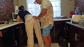 getting all hot n horny in da kitchen wit my curvy milf playin handjobs on big tits