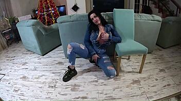 hardcore tease ends with double cum on ripped jeans