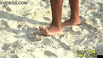Petite Brunette Giggles Sucks Sandy Beach Toes Dirty