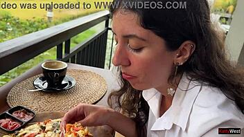 eating cum-covered pizza in public cafe yum!