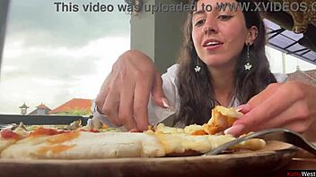 eating cum-covered pizza in public cafe yum!