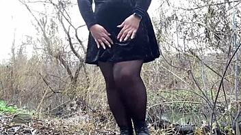 chubby mother-in-law squirts sweet pussy juices outdoors