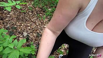 german milf in leggings risks public sloppy blowjob 😍 swallows stranger cum 👅