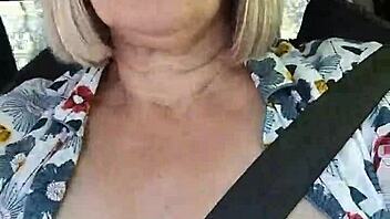 Naughty Housewife Flashes Tits in Car Selfie