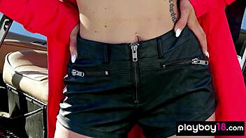 Glamorous blonde teen Heidi Michel strips nude in copter cockpit