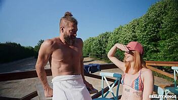 Risky outdoor fuck with tattooed blonde stranger ends in facial!