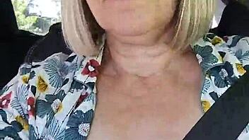 Naughty Housewife Flashes Tits in Car Selfie