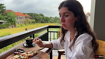 eating cum-covered pizza in public cafe yum!