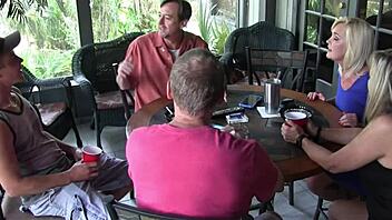 all these horny housewives with big tits and shaved pussies line up for hardcore orgy fucking