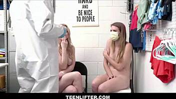 Skinny blonde teen caught shoplifting with milf lets guard fuck her tight pussy pov