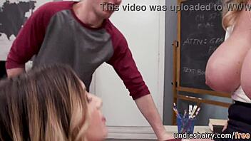 horny blonde teacher lures students for wild threesome suck and fuck