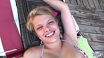 sexy taylor's outdoor bikini dildo play hits her nipples and wet pussy hard