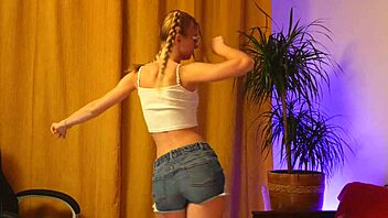 French blonde teen teases with lingerie strip dance