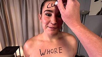 Humiliated bbw whore spits on cock while jerking for messy facial cumshot