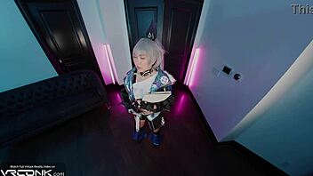 silver wolf cosplay asian deeply sucks monster cock hard