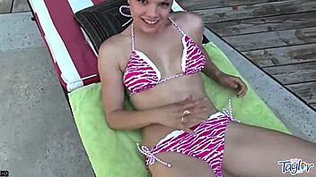 sexy taylor's outdoor bikini dildo play hits her nipples and wet pussy hard