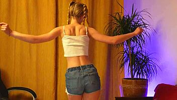 French blonde teen teases with lingerie strip dance