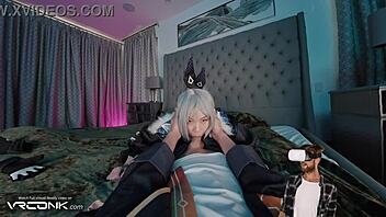 silver wolf cosplay asian deeply sucks monster cock hard