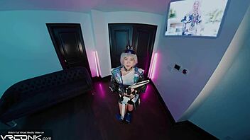 silver wolf cosplay asian deeply sucks monster cock hard