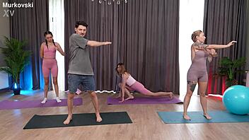 fitness trainer pounds two athletic clients in steamy threesome. cowgirl doggy cumshots flow