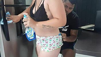 Chubby latina roommate tempts with shower grope and panty spank