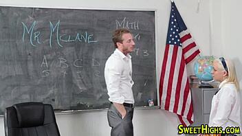 Tiny coed swallows huge cock cum at classroom desk