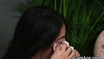 Overjoyed fuck doll trembles in bliss from bukkake facial cumshots while sucking greedily