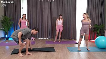 fitness trainer pounds two athletic clients in steamy threesome. cowgirl doggy cumshots flow