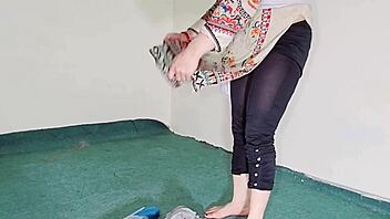 big ass indian maid flaunts curves in sheer black pajamas while cleaning