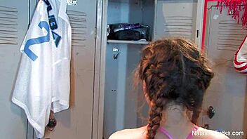 Natasha Nice's big tits star in solo locker-room anal dildo play