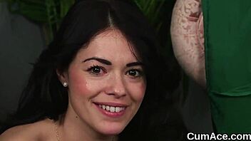 Overjoyed fuck doll trembles in bliss from bukkake facial cumshots while sucking greedily