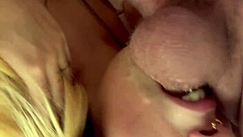 Blonde bimbo slurps cum in sloppy deepthroat blowjob session